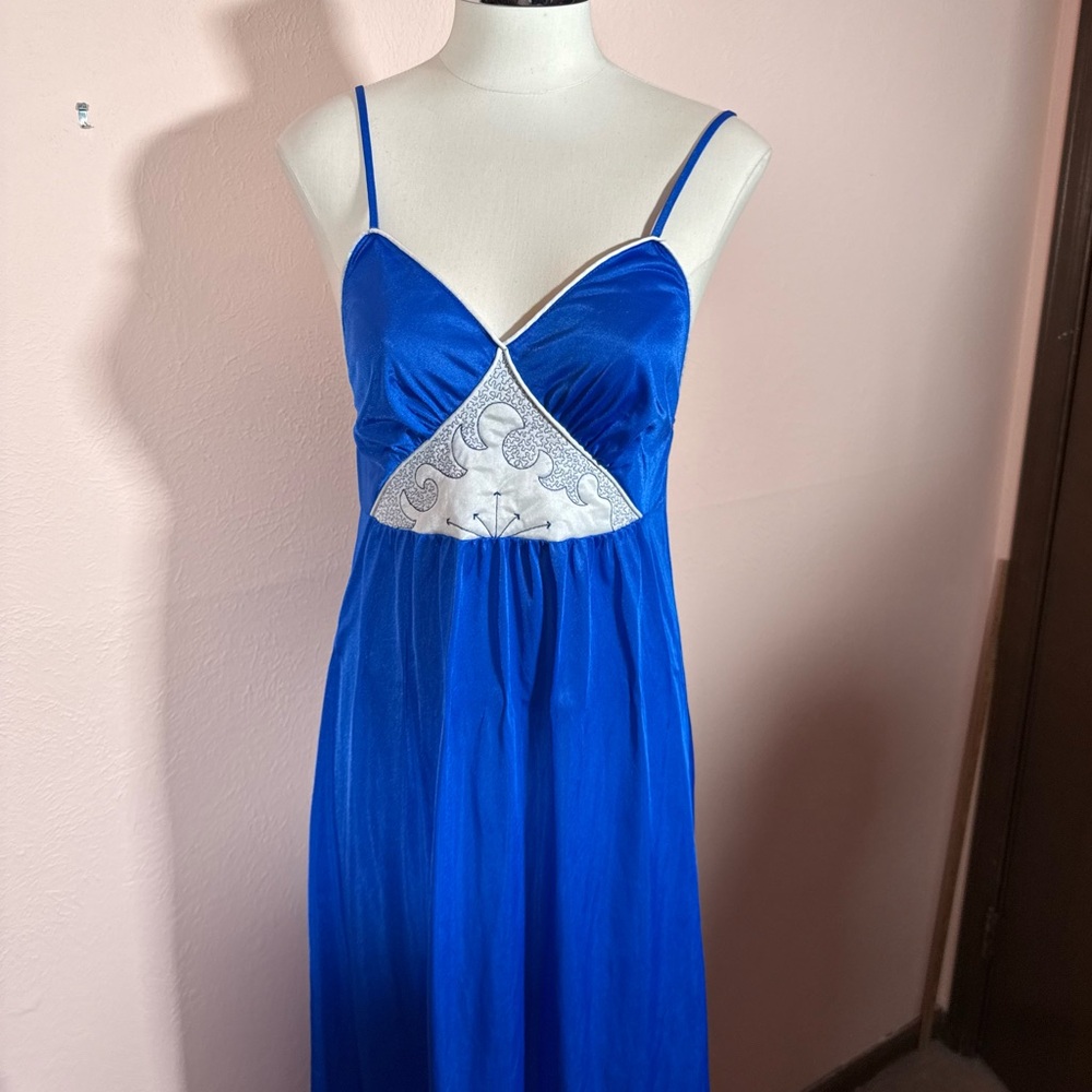 Vintage 1980 Art deco Royal Blue Long Slip Dress Nightgown - Picture 15 of 16